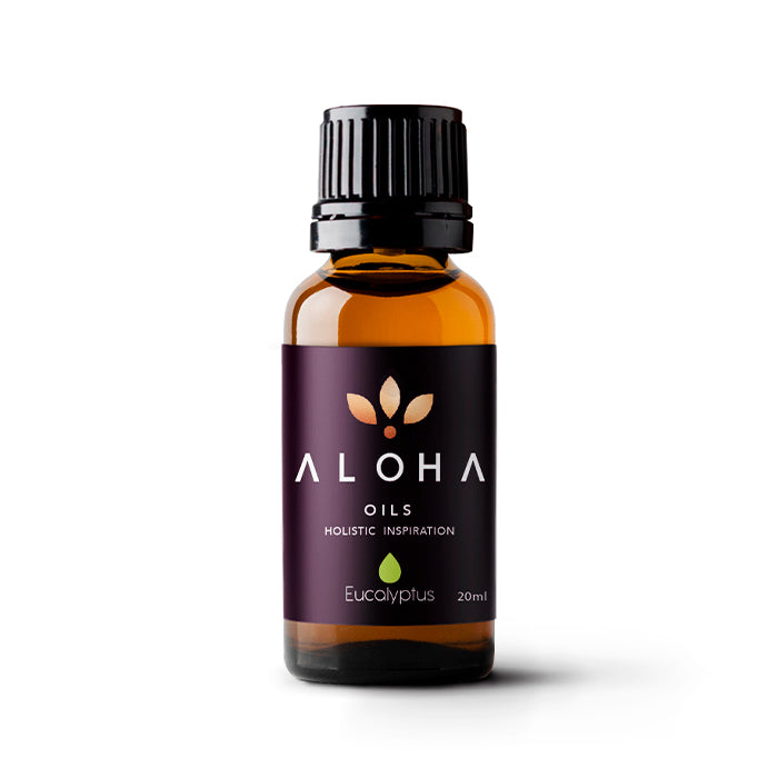 A 20ml amber glass bottle of Aloha Oils Eucalyptus essential oil with a sleek black cap and a modern purple label featuring the Aloha Oils logo and the tagline 'Holistic Inspiration.'