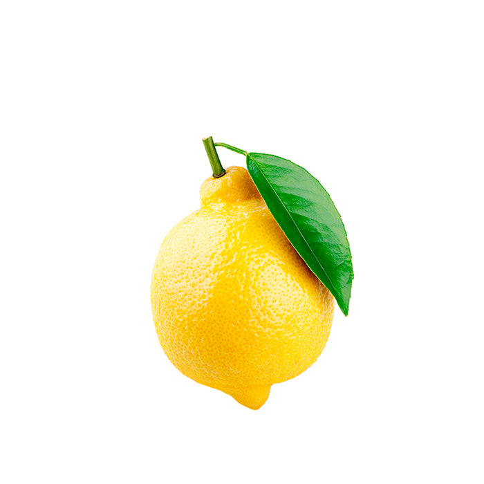 A fresh yellow lemon with a smooth, dimpled peel and a vibrant green leaf attached to its stem, displayed against a white background.